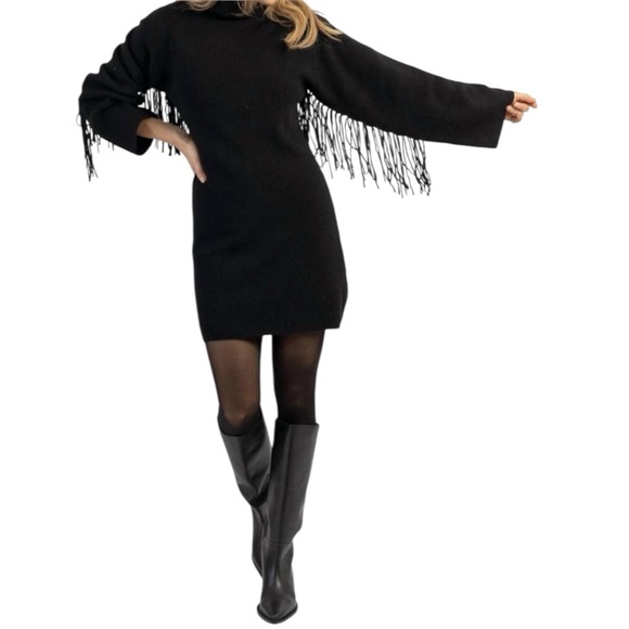 NWT Crescent CHARLEY FRINGED SWEATER DRESS Small BLACK KNIT STRETCH Cowgirl - Picture 1 of 9